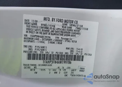 2010 Ford Focus Se z USA, uszkodzony, nr VIN 1FAHP3FN4AW199786